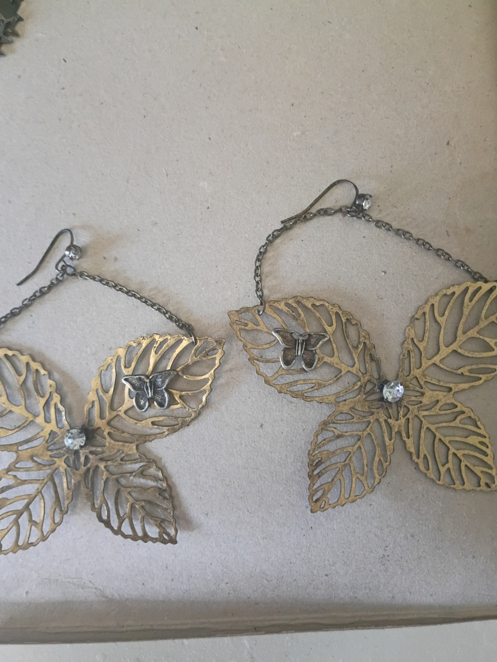 Gold Leaf Filigree Drop Earrings with Crystal and Butterfly Accent